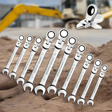 A full set of SmartGearPros flex-head ratcheting wrenches in chrome vanadium steel, arranged neatly.