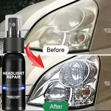 A side-by-side comparison showing a foggy headlight above and a crystal-clear headlight below after using the Headlight Repair Spray. A black spray bottle is positioned to the left.