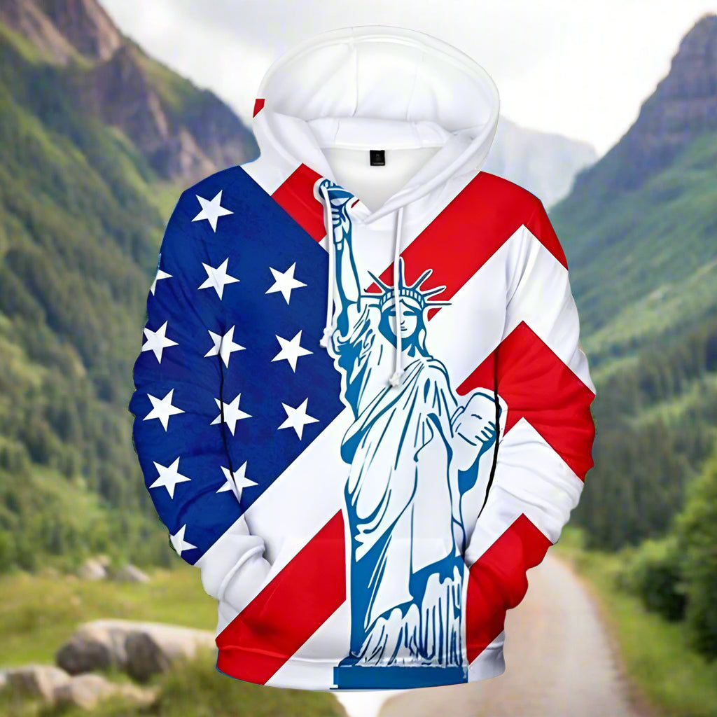 Statue of Liberty America Flag Hoodie - 3D Printing USA Eagle American Emblem Graphic Hoodies for Men Sweatshirt Hooded Pullovers