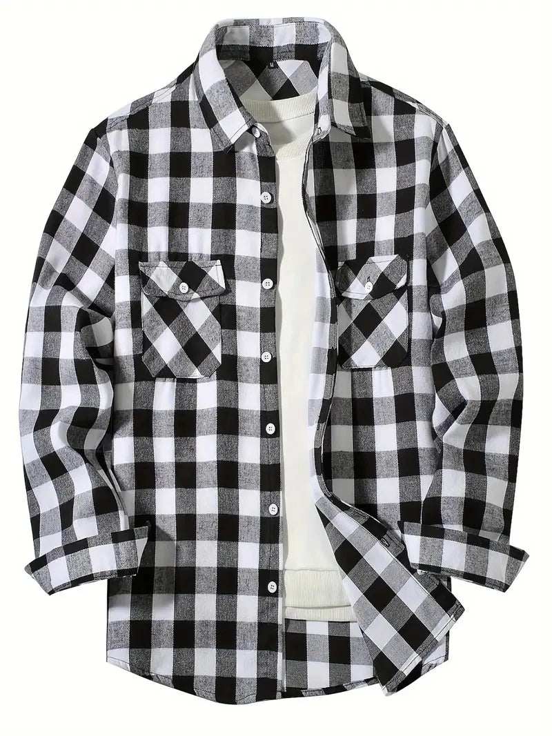 Men's Classic Plaid Flannel Button-Up Shirt with Chest Pockets - Smart Casual Long-Sleeve Design for Spring and Autumn