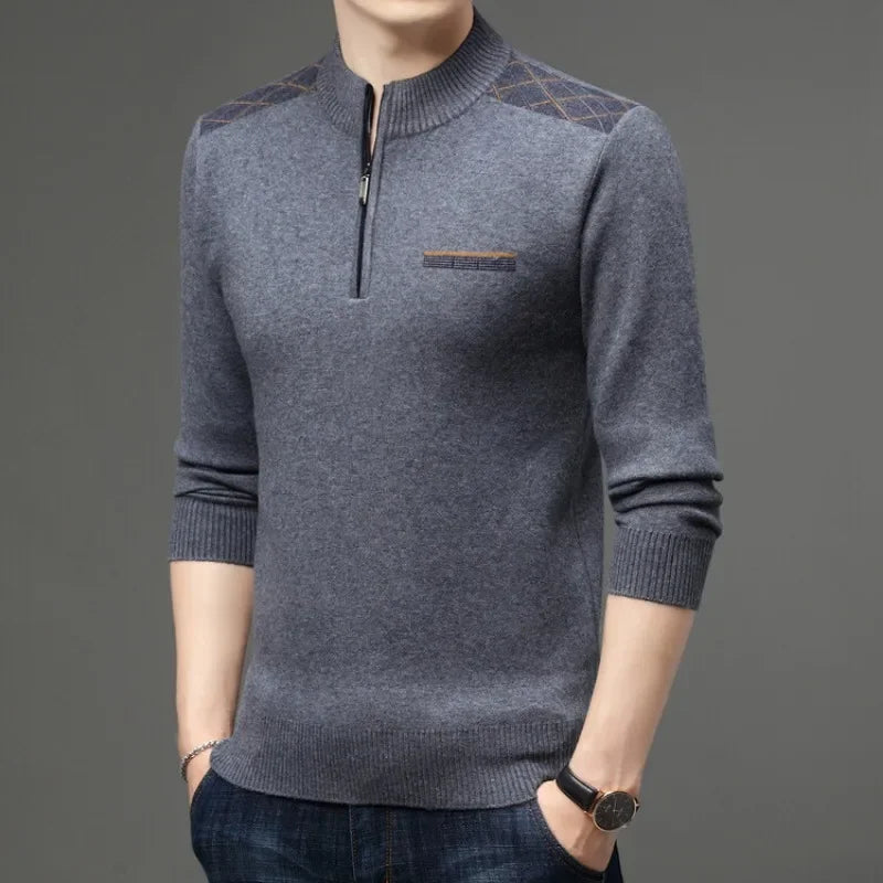 fall and winter New Men's Solid Color Half-high Neck Zipper Pullover Knit Sweater Fashion Casual Men's Warm Long-sleeved Sweater