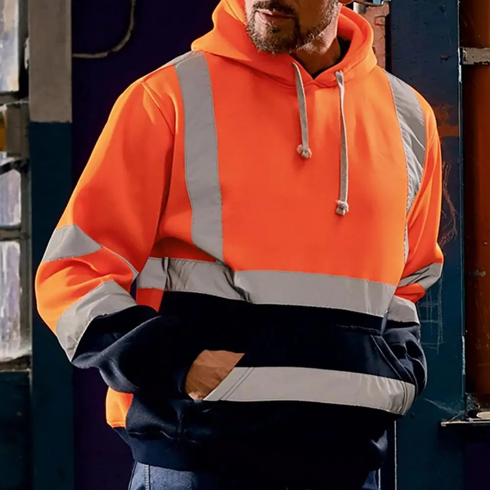 High Visibility Reflective Hoodie - Men’s Fluorescent Safety Sweatshirt with Reflective Strips for Work and Outdoor Use