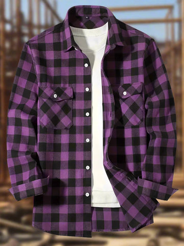 Men's Classic Plaid Flannel Button-Up Shirt with Chest Pockets - Smart Casual Long-Sleeve Design for Spring and Autumn