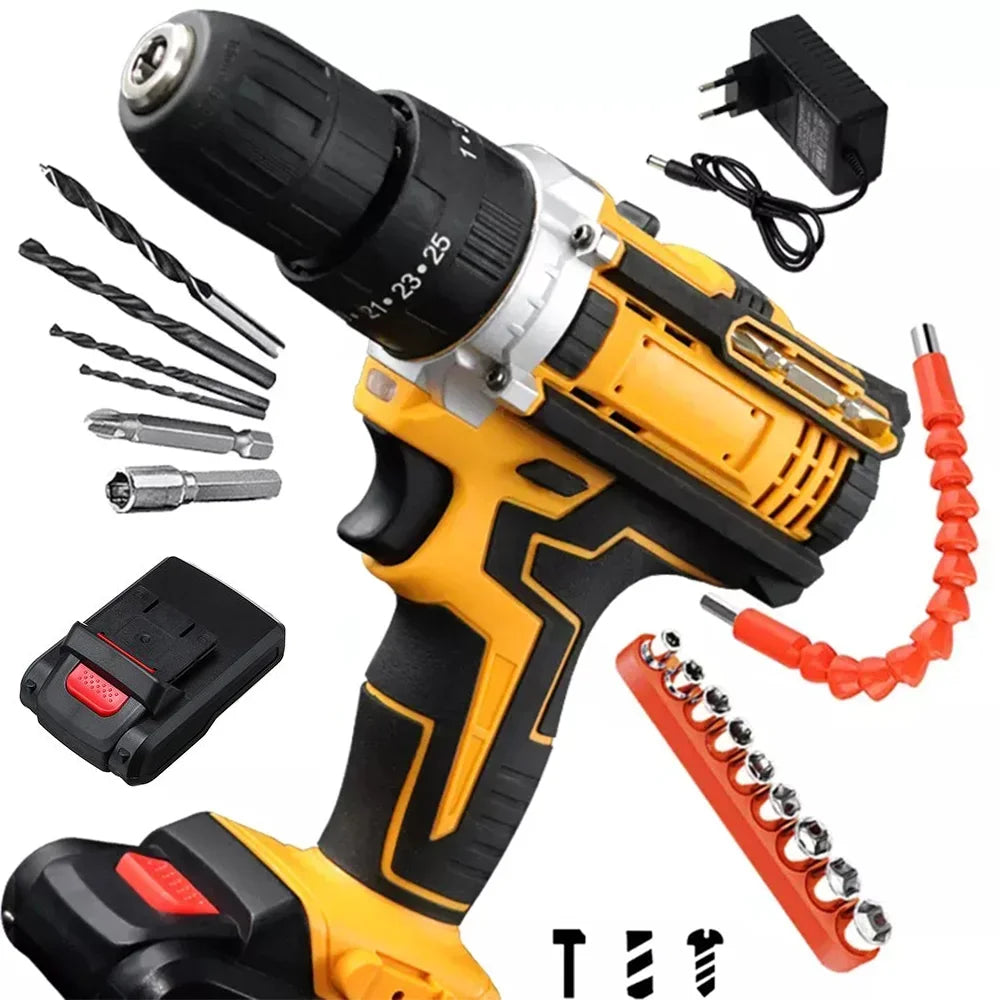 Gisam Battery Impact Screwdriver Multifunctional Cordless Drill Set with Adjustable Torque, 2-Speed Settings, and Accessories