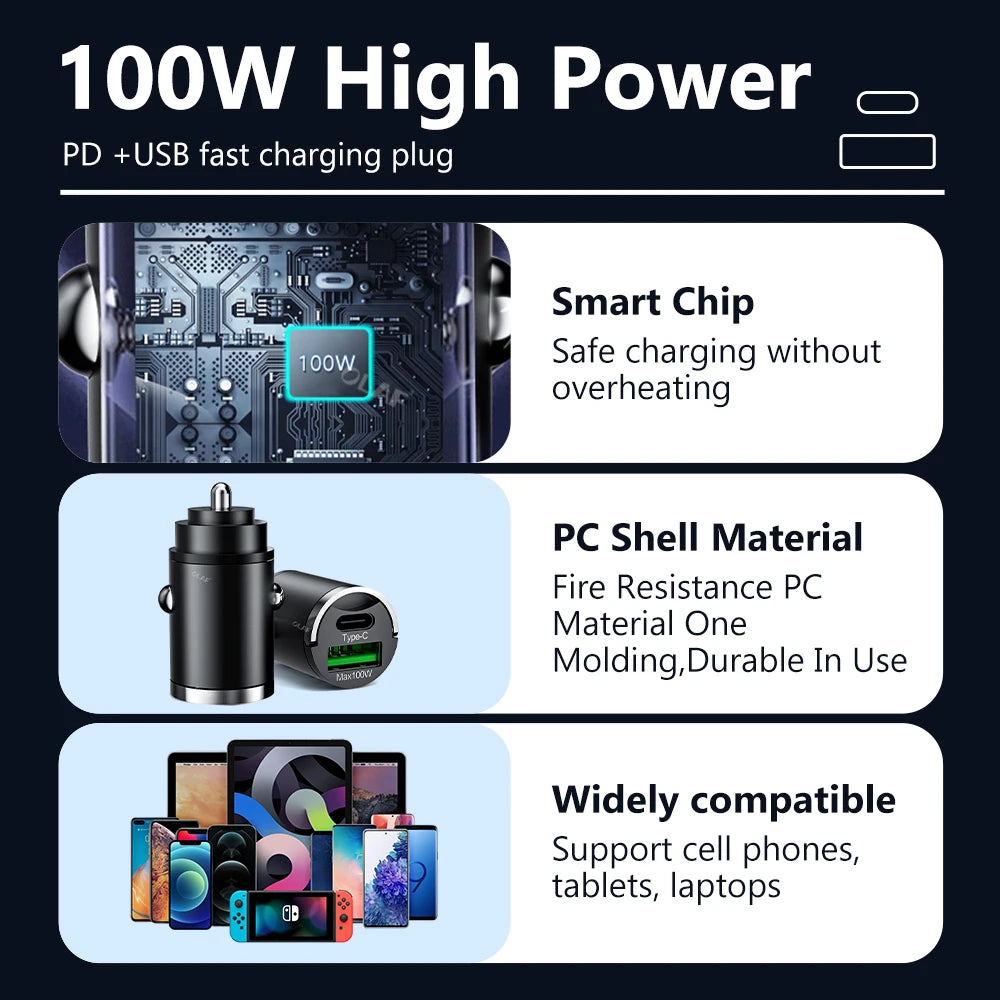 100W USB Car Charger Mini Fast Charging Dual Ports Phone Charger Type C QC3.0 PD Car Chargers for IPhone Xiaomi Huawei