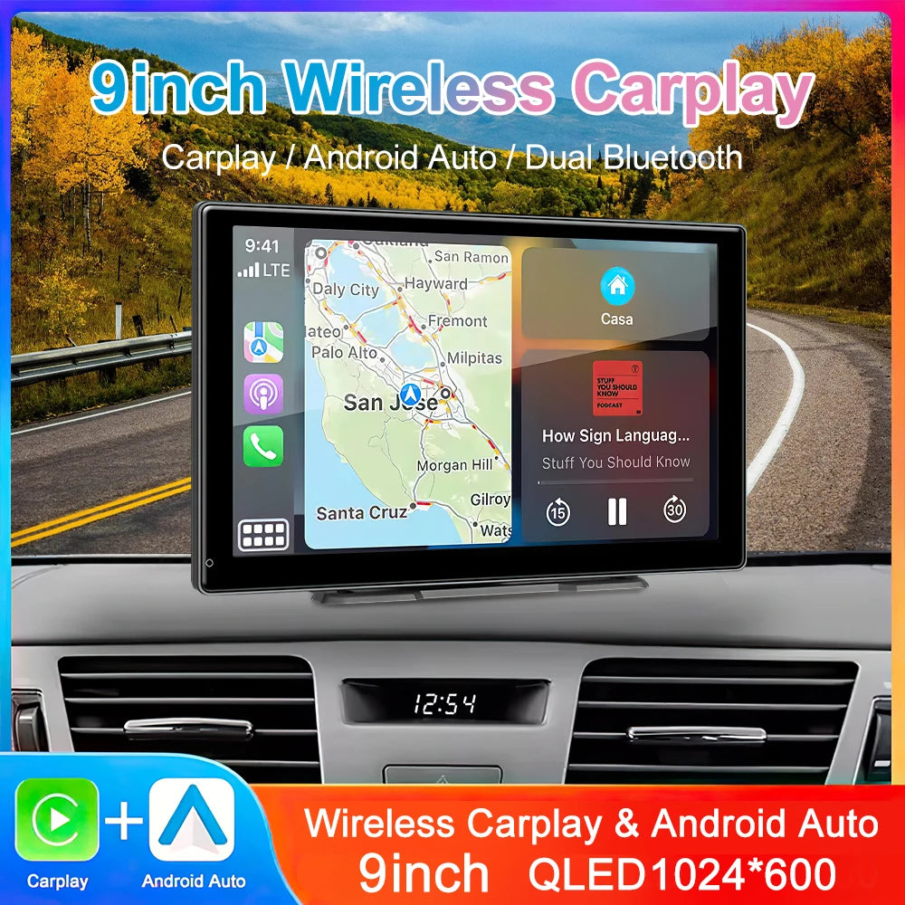 9-Inch Wireless CarPlay & Android Auto touchscreen display mounted on a car dashboard.
