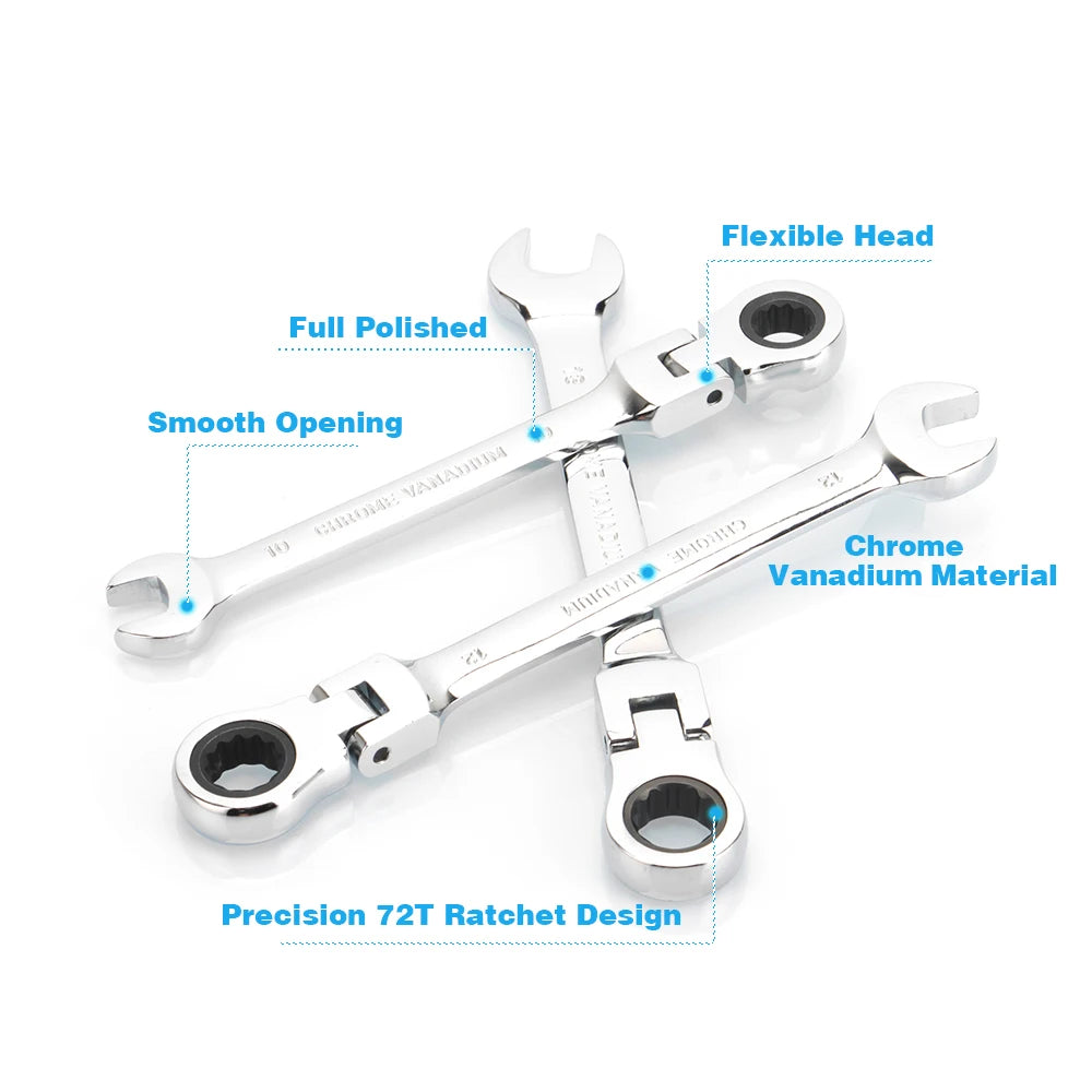 8-19mm 7Pcs Ratchet Wrench Set of Multitools A Set of Keys Spanner Kit 72T Ratcheting Flexible Head Mirror Polished