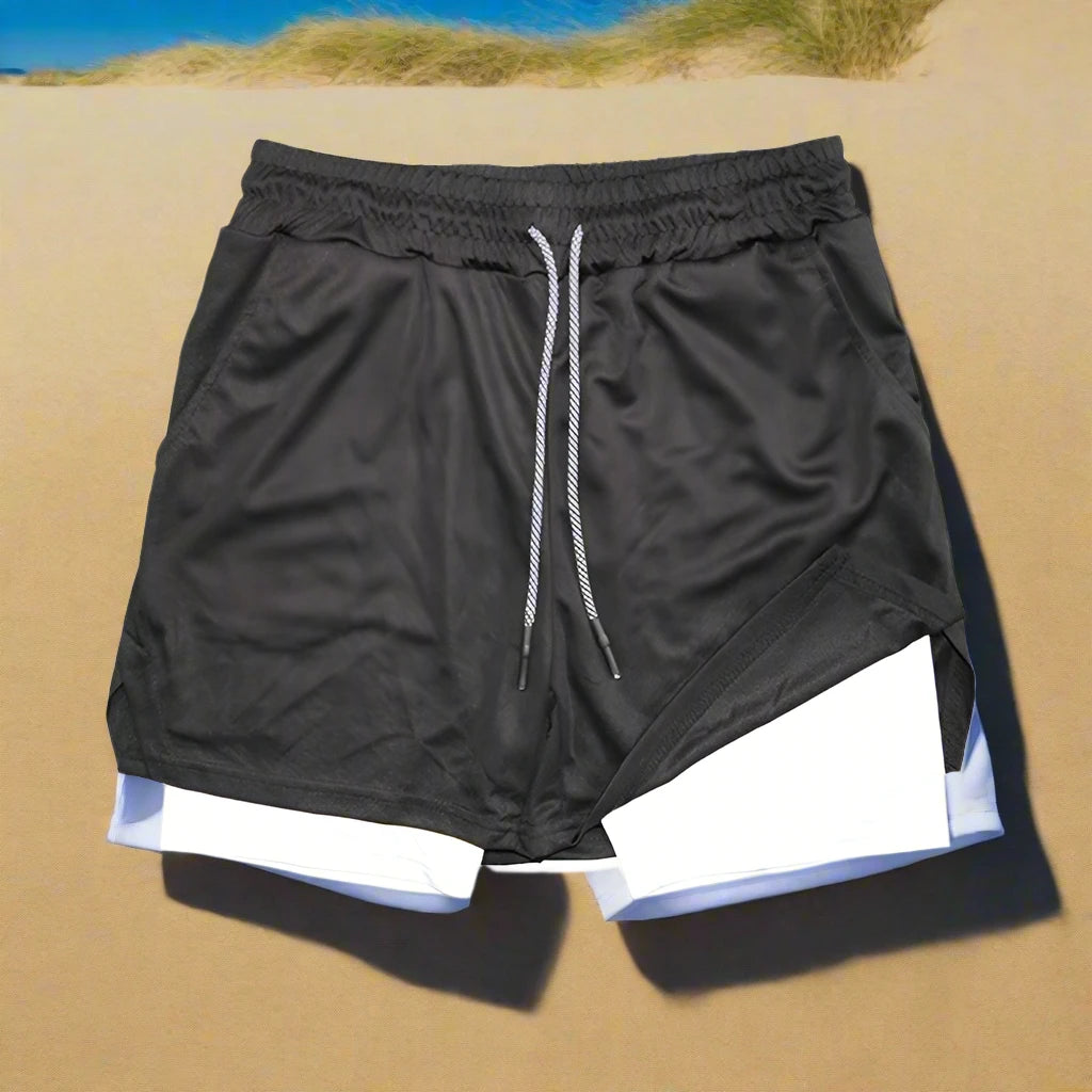 Men's Double Layer Fitness Shorts with Drawstring, Mesh Lining, and Elastic Waist - Quick Dry Workout and Beach Activewear