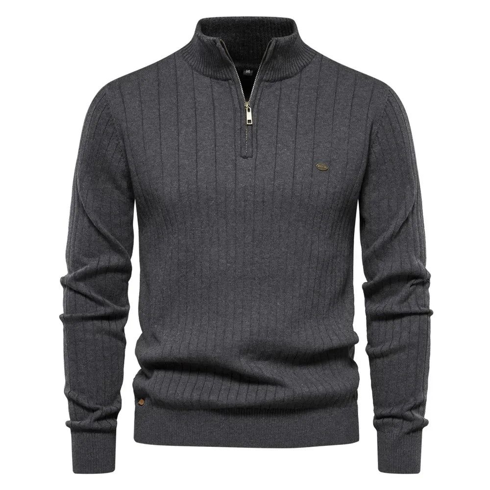 New Men's Sweater Half High Neck Zipper Solid Elastic Slim Fit Long Sleeve Pullover Casual Business Men Knitted Pullover Sweater