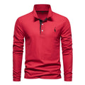 A vibrant red long-sleeve polo shirt with a classic design and embroidered logo, ideal for a bold and confident look.