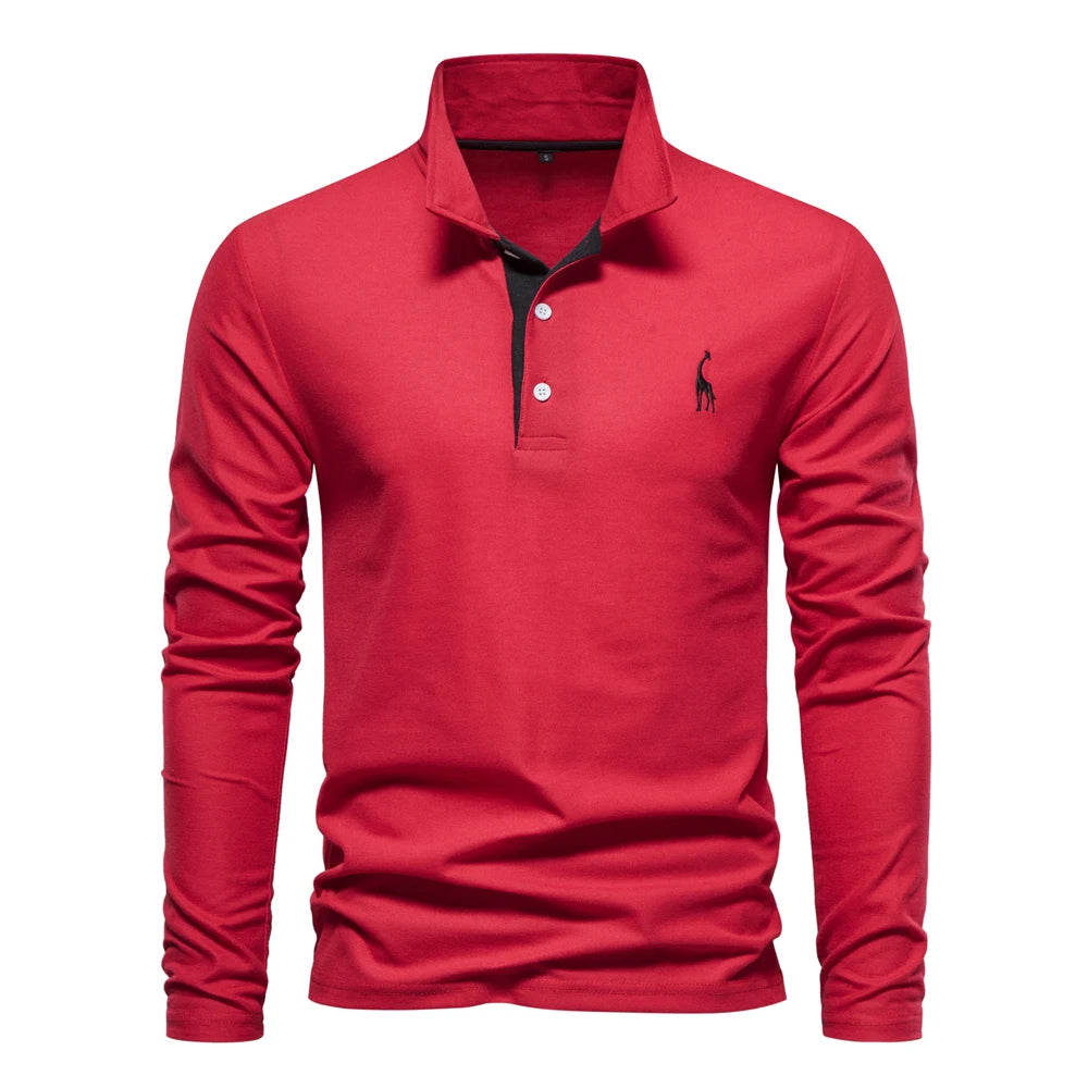 A vibrant red long-sleeve polo shirt with a classic design and embroidered logo, ideal for a bold and confident look.
