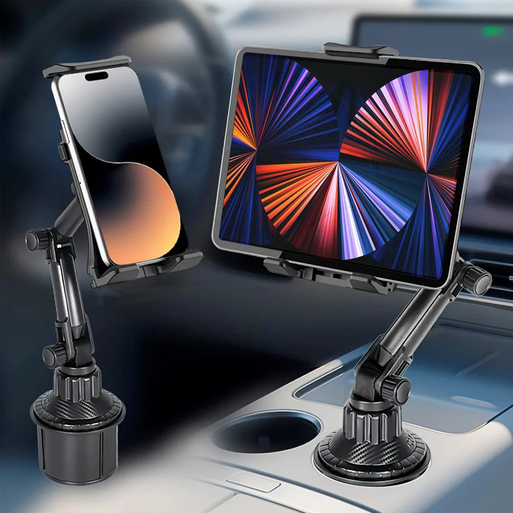 A car tablet and smartphone holder mounted in a cup holder, showcasing a smartphone and tablet secured side by side.