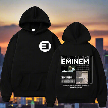 Black Eminem hoodie with LP-inspired print on the back and minimalist logo on the front