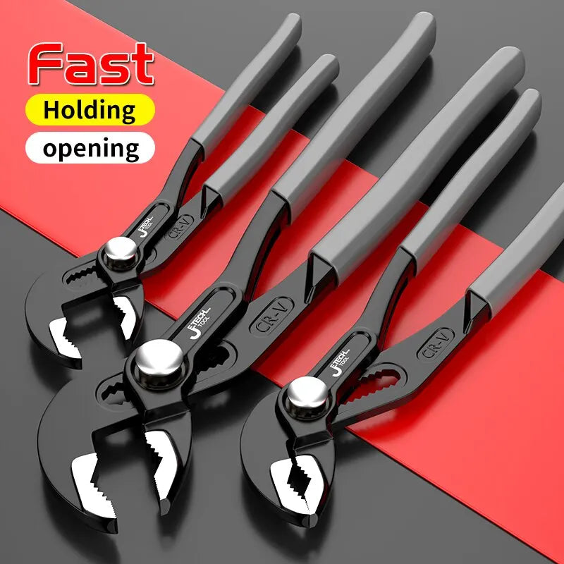 Set of three water pump pliers with quick-holding opening mechanism, displayed on a red background.