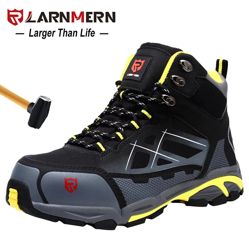 Close-up of SmartGearPros Safety Work Boots featuring steel toe protection, yellow highlights, and rugged black construction.