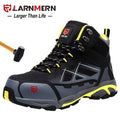 Close-up of SmartGearPros Safety Work Boots featuring steel toe protection, yellow highlights, and rugged black construction.