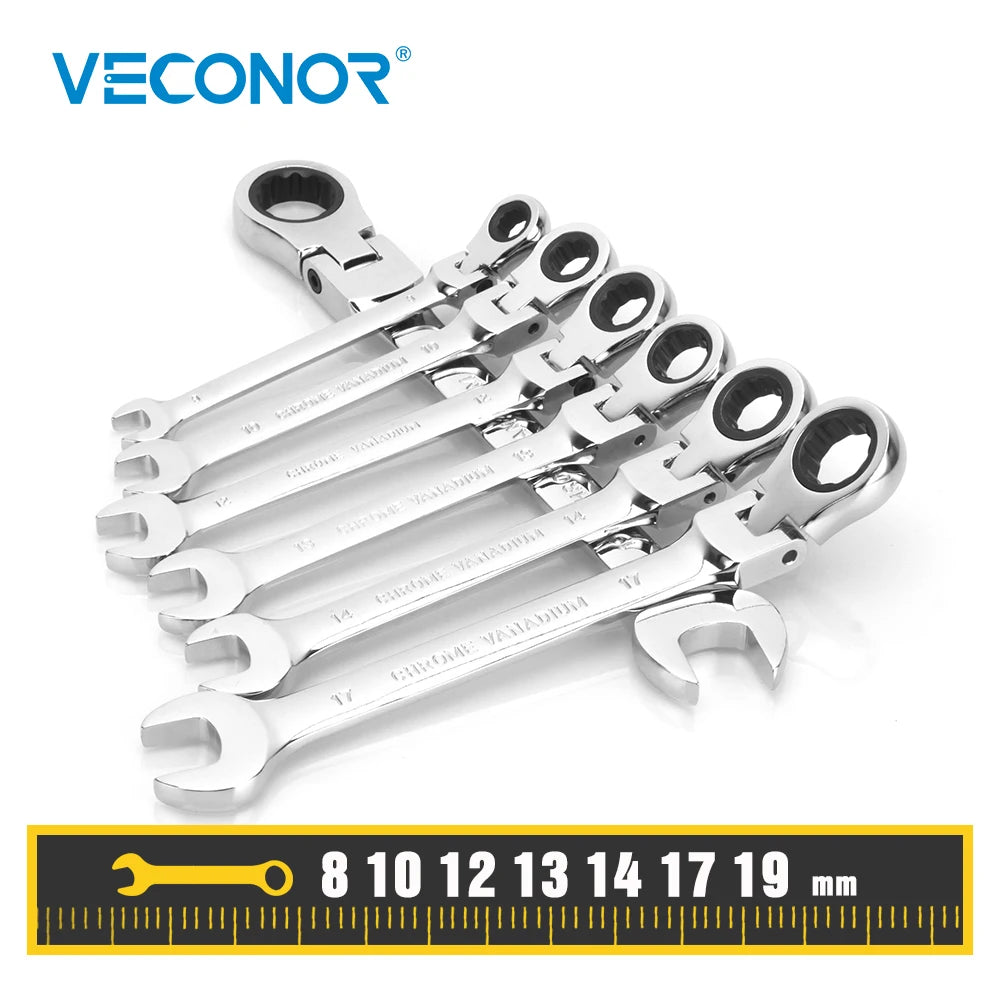 8-19mm 7-Piece Ratcheting Wrench Set with Flexible Head – Professional Spanner Kit for Automotive and DIY Repairs