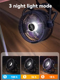 Fan standing upright on table during outdoor camping trip