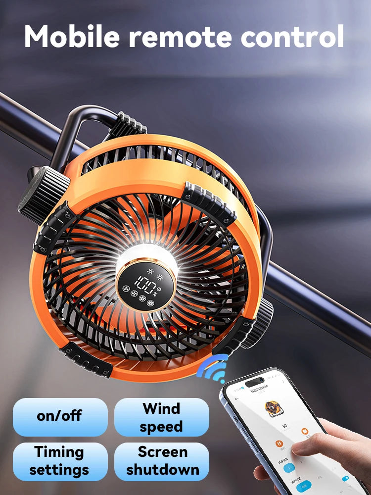Fan shown hanging from tent ceiling with lights on