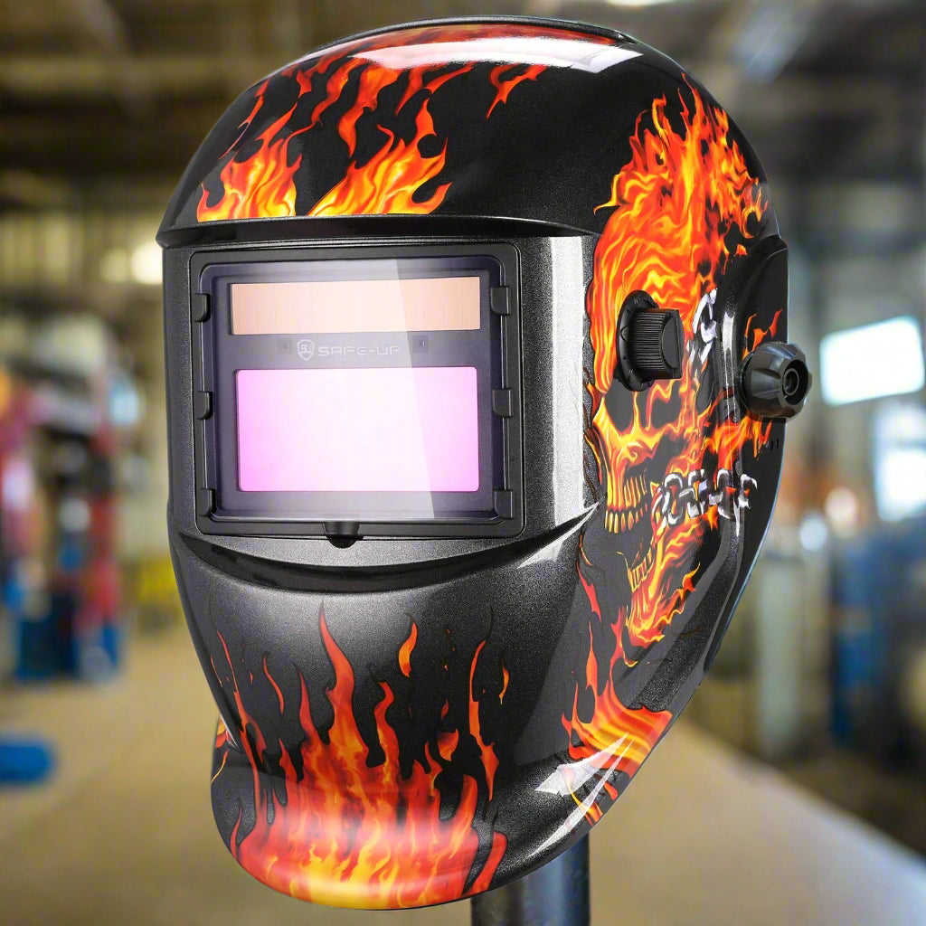 SAFEUP professional auto-darkening welding helmet with flame design and large viewing area.