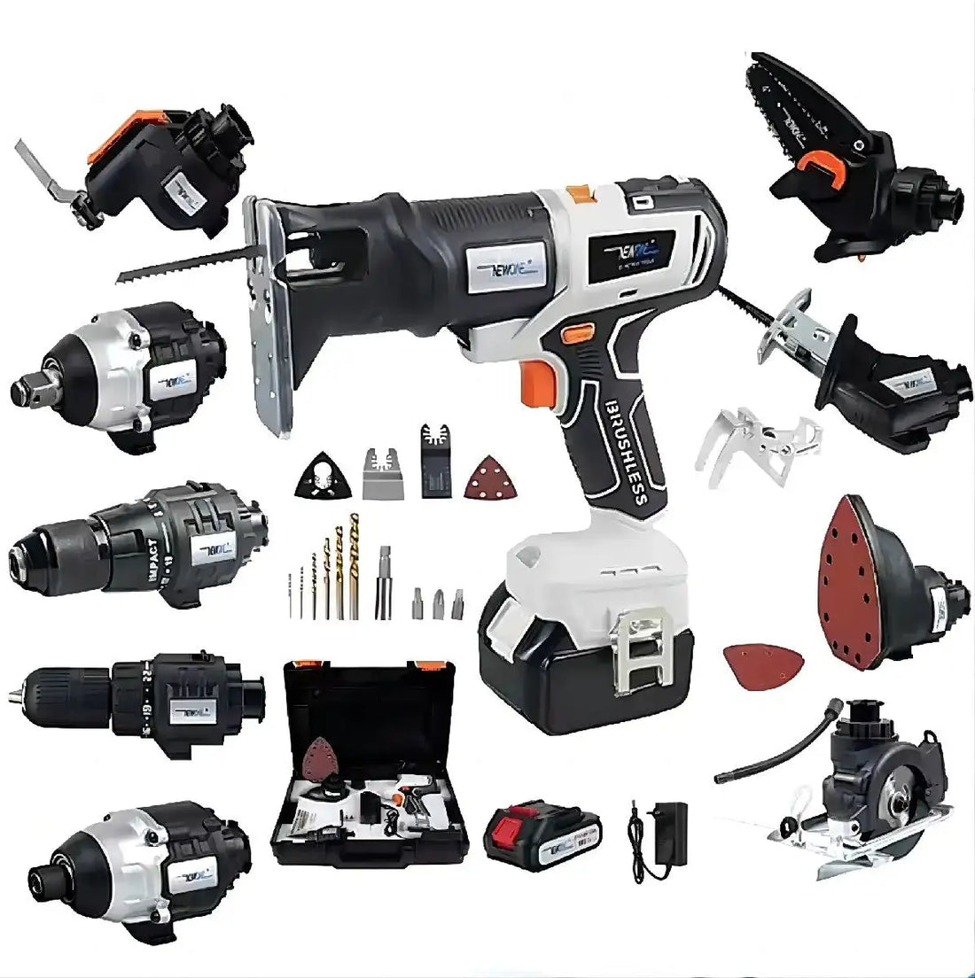 Cordless Brushless Screwdriver Multitool Impact Drill Wrench Chain Circular Reciprocating Saw Sander Multitool product image showing features or usage