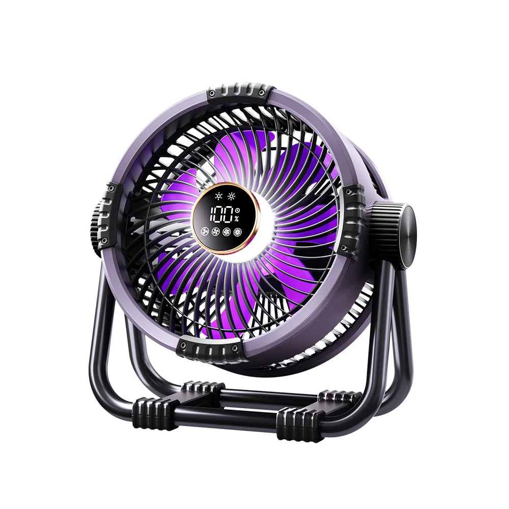 Fan used in tent providing breeze and lighting