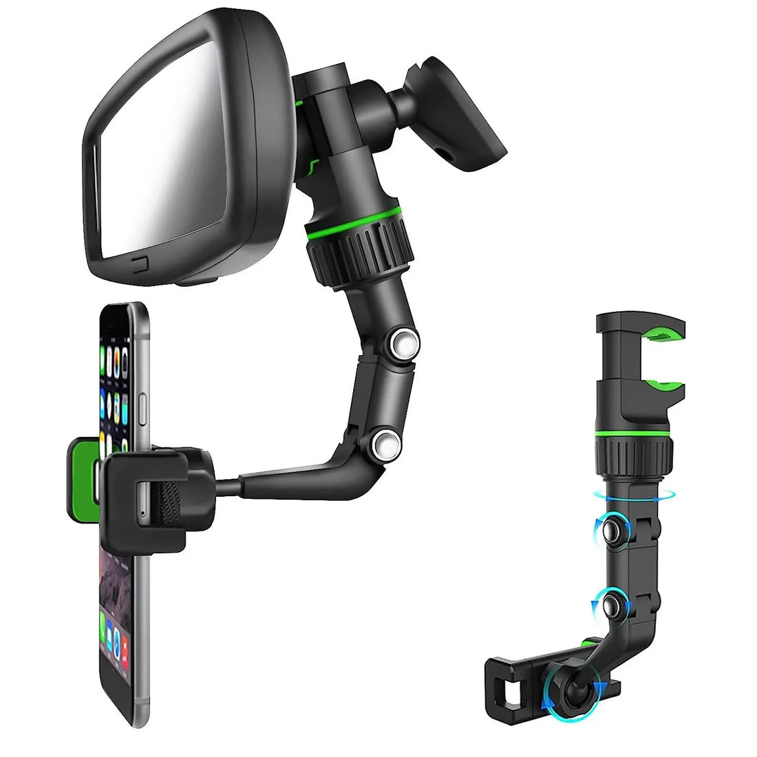 Rearview Mirror Phone Holder 360 Rotatable And Retractable Car Phone Mount Multifunctional Rear View Mirror Holder For All Car product image showing features or usage