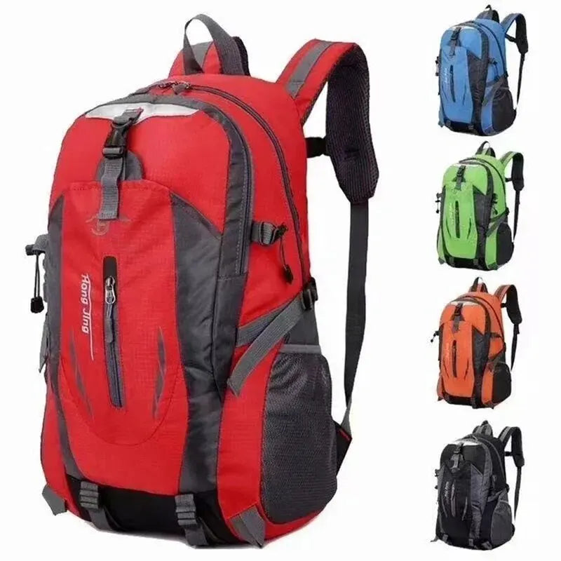 A variety of color options for the hiking backpack, including black, blue, and green, with multiple compartments and zippers