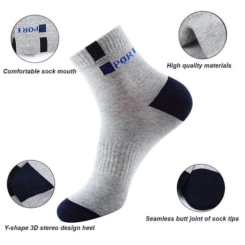 A close-up of gray socks with a reinforced heel, seamless toe, and soft cotton blend for enhanced durability.