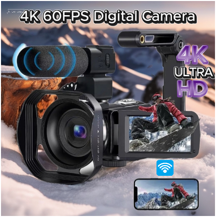 A 4K 60FPS digital vlogging camera with external mic and flip screen, showcased on a snowy mountain slope with a snowboarder in action.