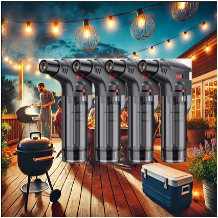 Five butane torch lighters showcased on a cozy backyard patio during a nighttime BBQ, with string lights, a cooler, and a grill in the background.