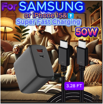 A 50W fast charger and dual USB-C cable showcased on a living room coffee table, with a joyful couple relaxing on the couch in the background, emphasizing comfort and convenience.