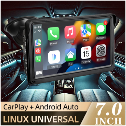 7-inch CarPlay and Android Auto multimedia player mounted on a windshield, showcased over a luxury car interior with soft blue ambient lighting and a modern dashboard.