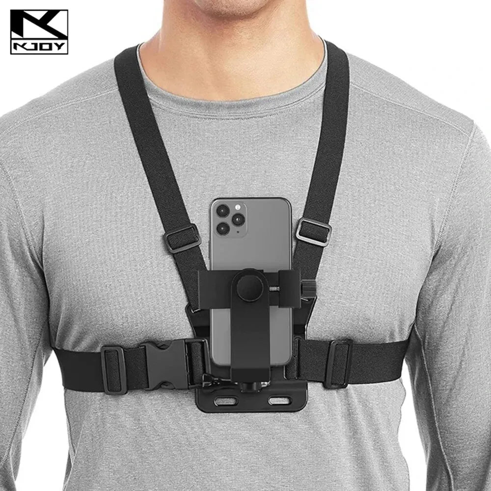 Chest mount harness with a secure phone holder, worn by a person in a gray shirt, designed for hands-free filming or live streaming.