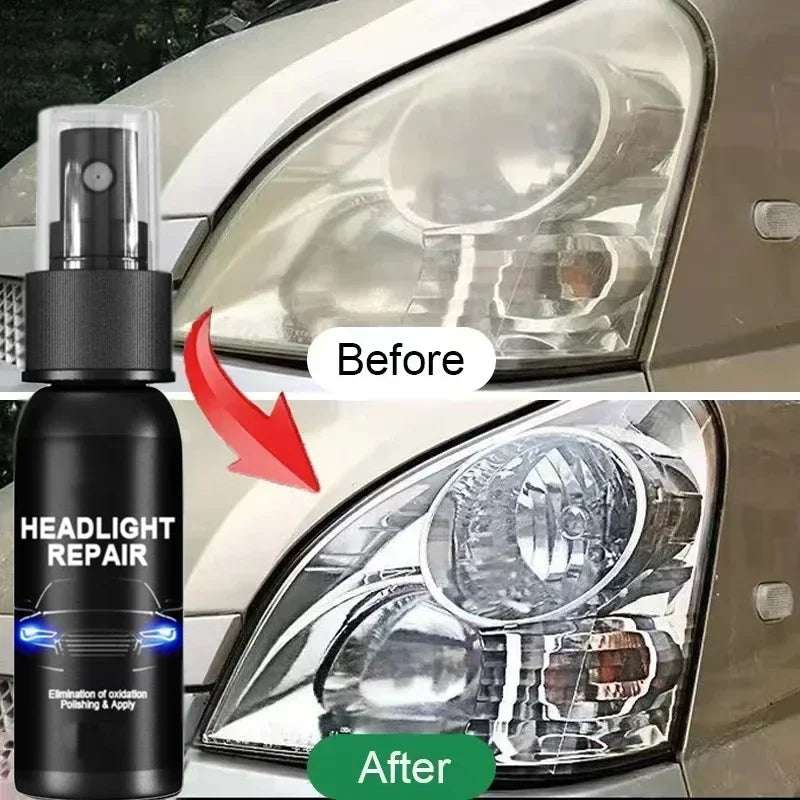 A side-by-side comparison showing a foggy headlight above and a crystal-clear headlight below after using the Headlight Repair Spray. A black spray bottle is positioned to the left.