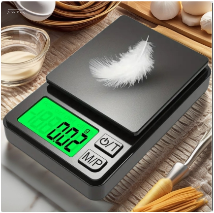Black digital kitchen scale with a bright green LCD screen displaying 0.02 grams, showcasing a delicate white feather on top. The background includes spaghetti, garlic, and glass bowls on a woodgrain counter, emphasizing a home cooking or baking environment.
