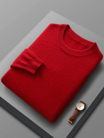 Spring Autumn 100% Pure Merino Wool Pullover Sweater - Men's O-neck Long-Sleeve Cashmere Knit