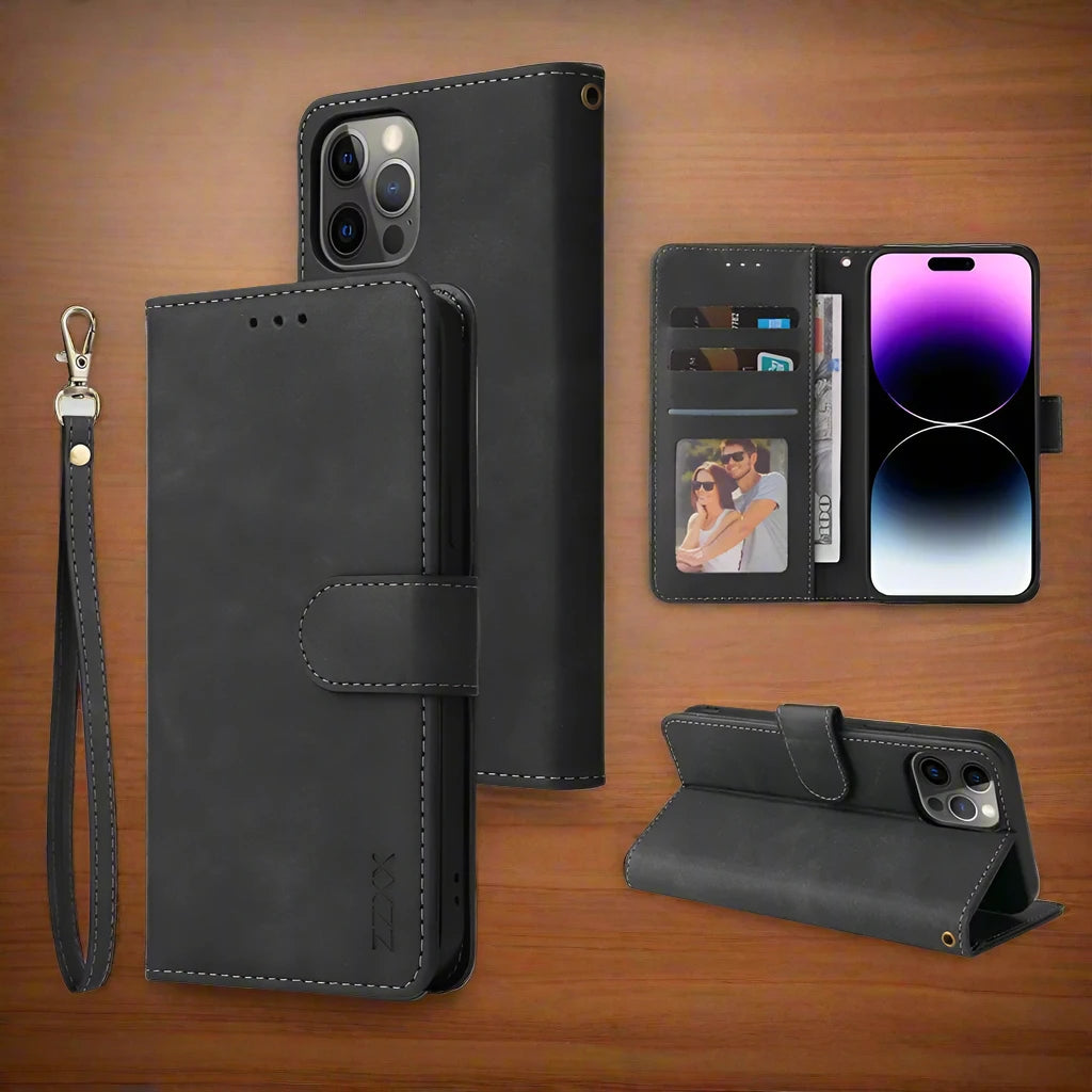 PU Flip Card Phone Case with Wallet and Adjustable Stand for 360° Protection