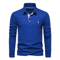 A classic royal blue long-sleeve polo shirt featuring an embroidered logo and a sleek design, perfect for versatile styling.