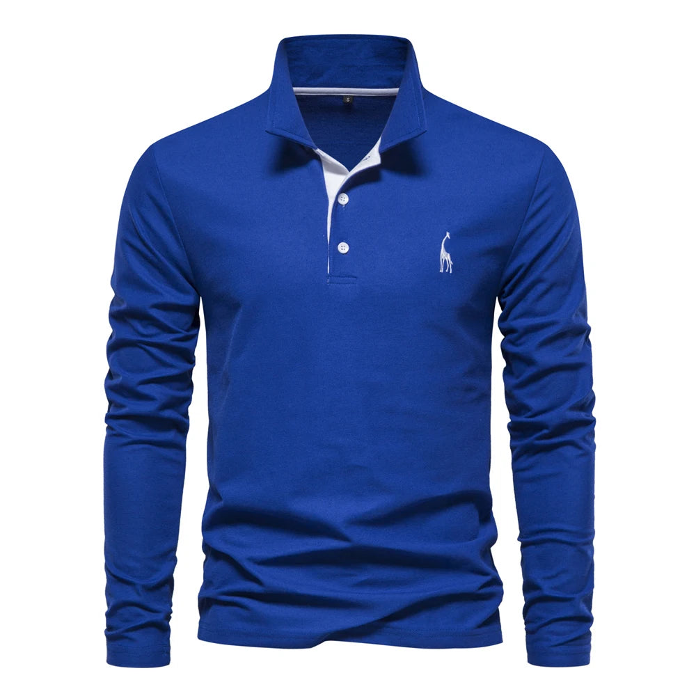 A classic royal blue long-sleeve polo shirt featuring an embroidered logo and a sleek design, perfect for versatile styling.