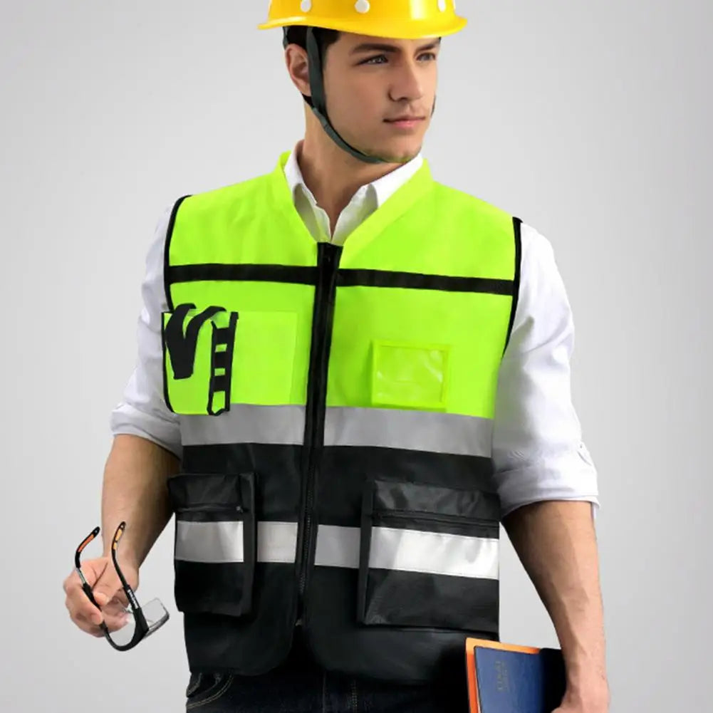 Men Work Waistcoat Reflective Vest Multi Pockets High-Visibility Gear Clear ID Holder Safety Vest Reflective Safety Vest Coat