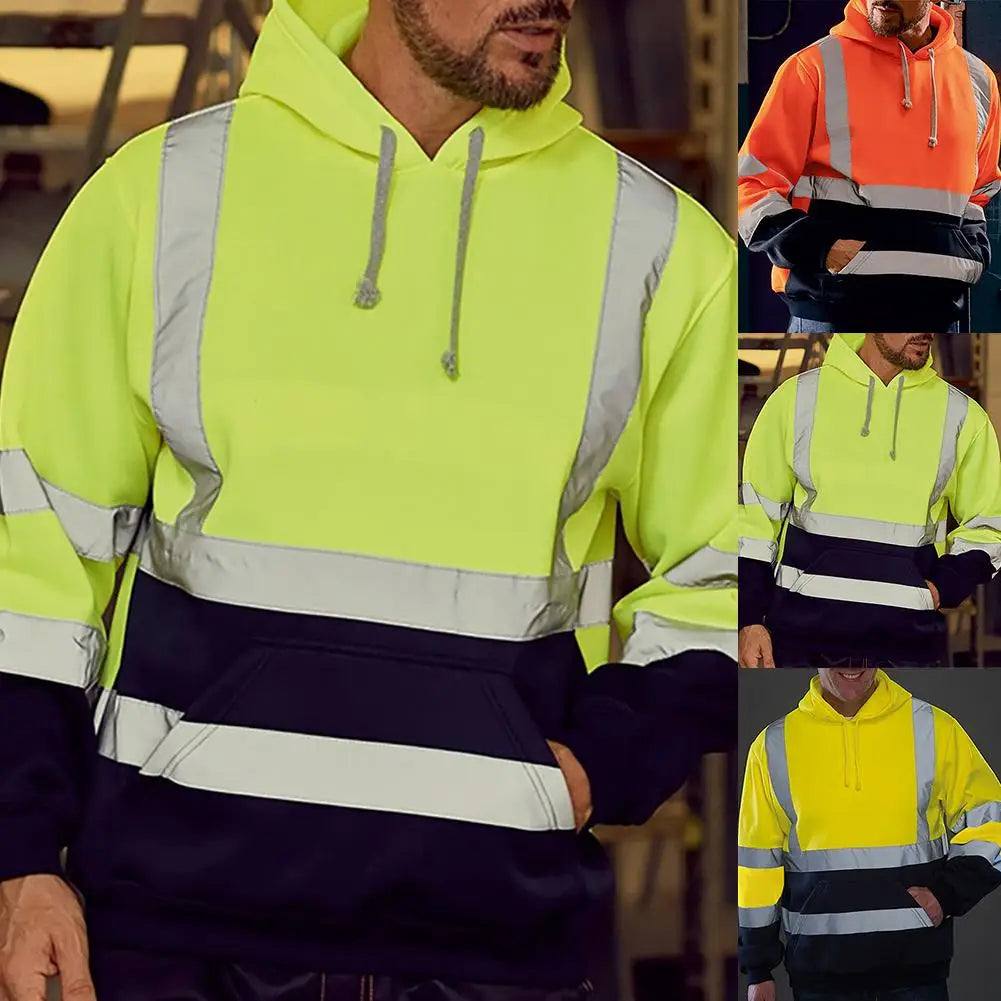 Men Reflective Sweatshirt High Visibility Strip Hoodie Long Sleeve Pullover Top Hoodie Coat