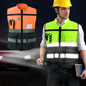 Men Work Waistcoat Reflective Vest Multi Pockets High-Visibility Gear Clear ID Holder Safety Vest Reflective Safety Vest Coat