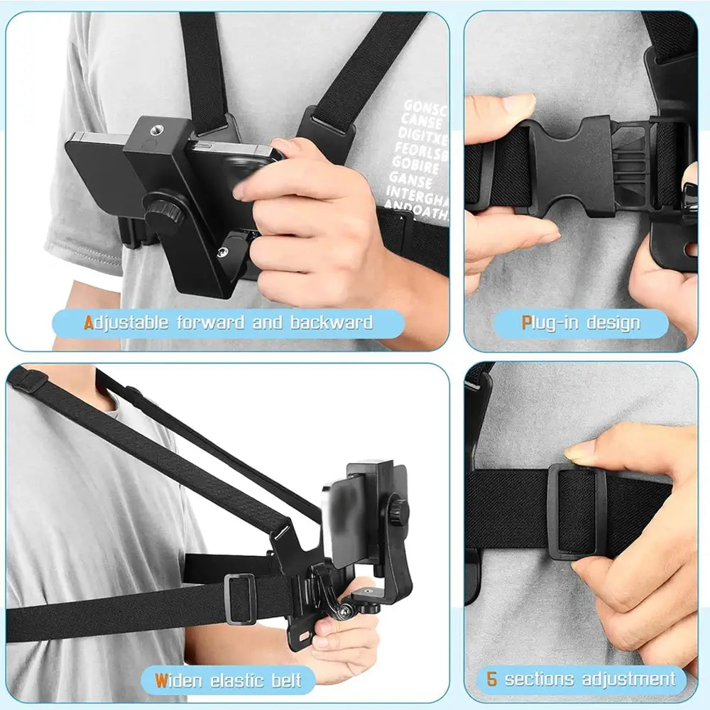 The chest strap phone holder with adjustable mount harness being worn on a man.