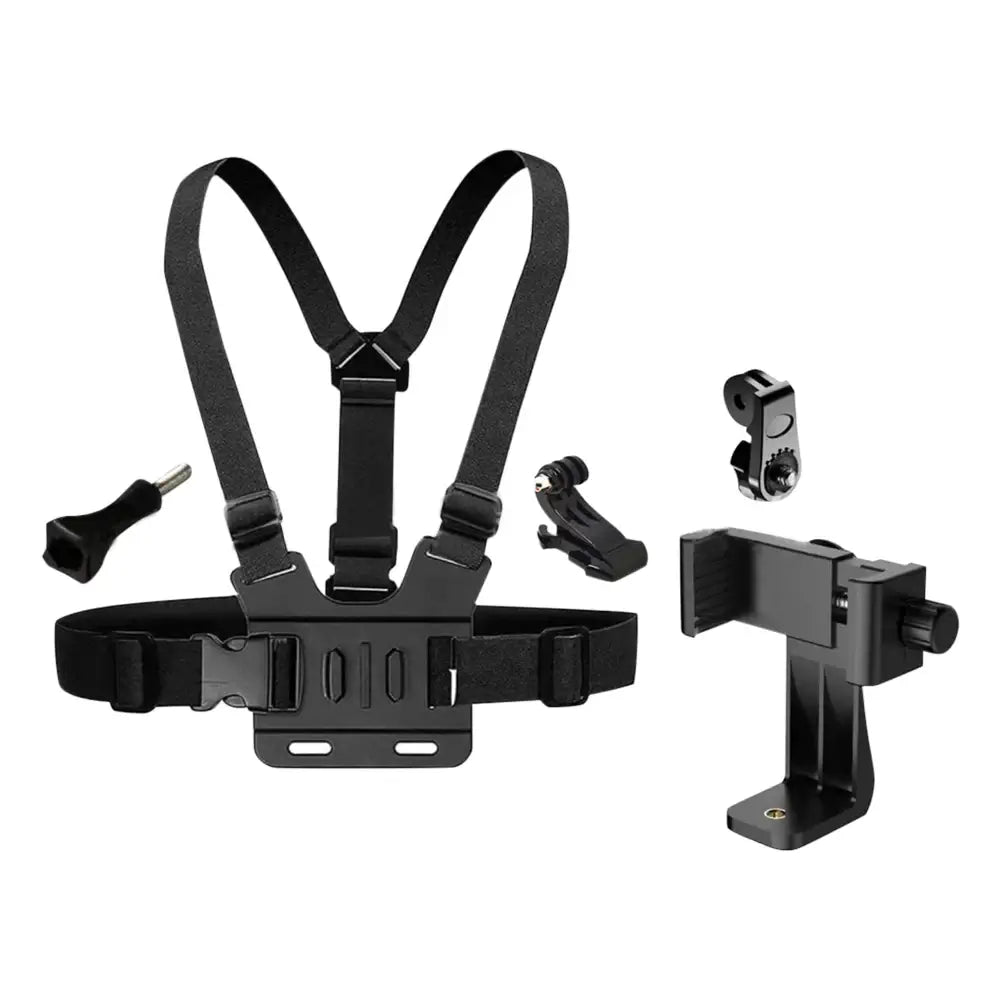 The chest strap phone holder with adjustable mount harness and its attachments and components.