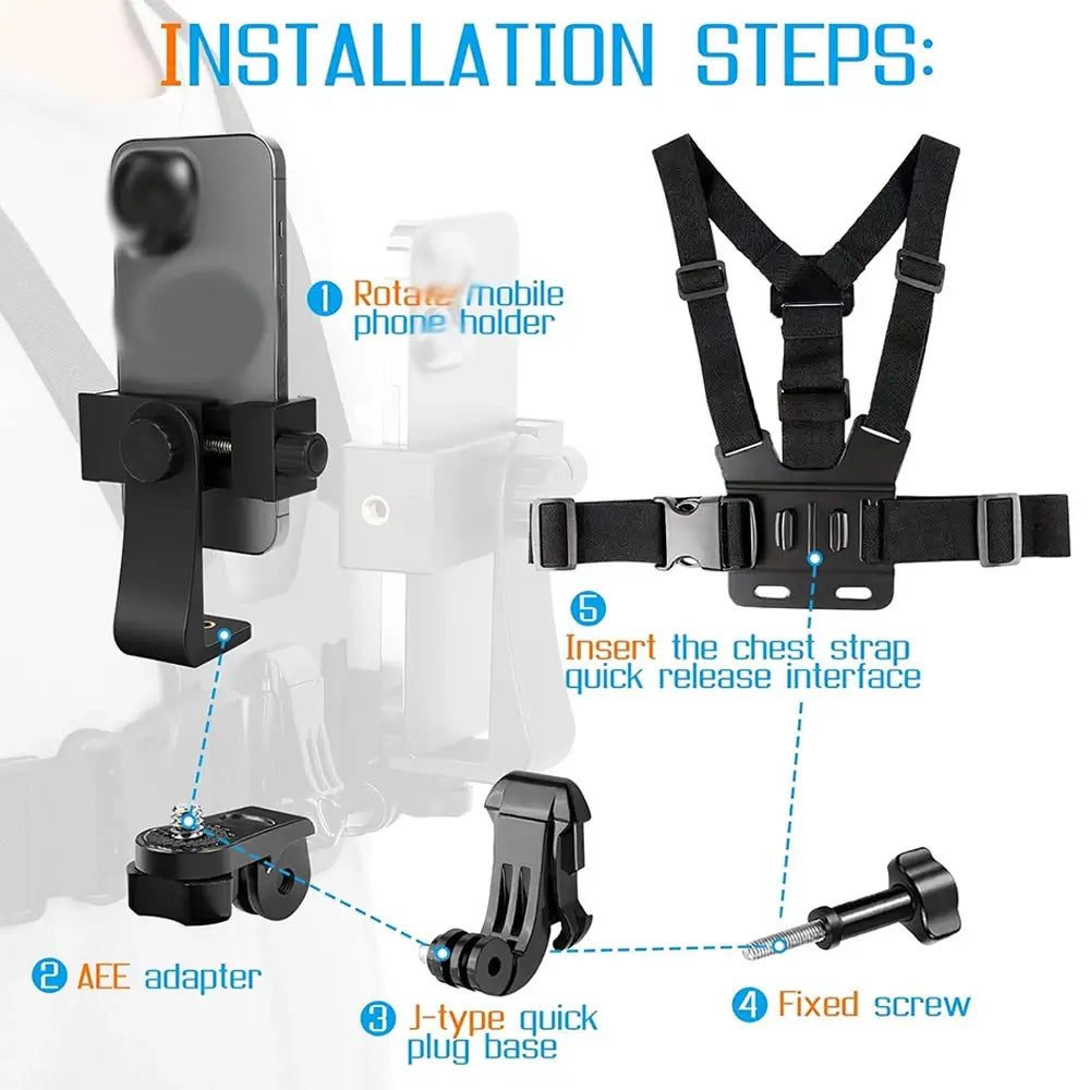 The chest strap phone holder with adjustable mount harness and its compartment installation setup guide.