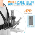 The chest strap phone holder with adjustable mount harness being worn on a man, displaying its 120 degree rotation up and down.