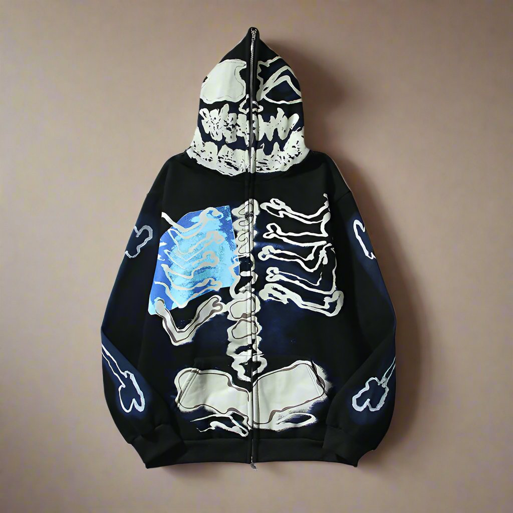 Gothic Skeleton Hoodie - Striking Skeletal Print with Blue Ribcage