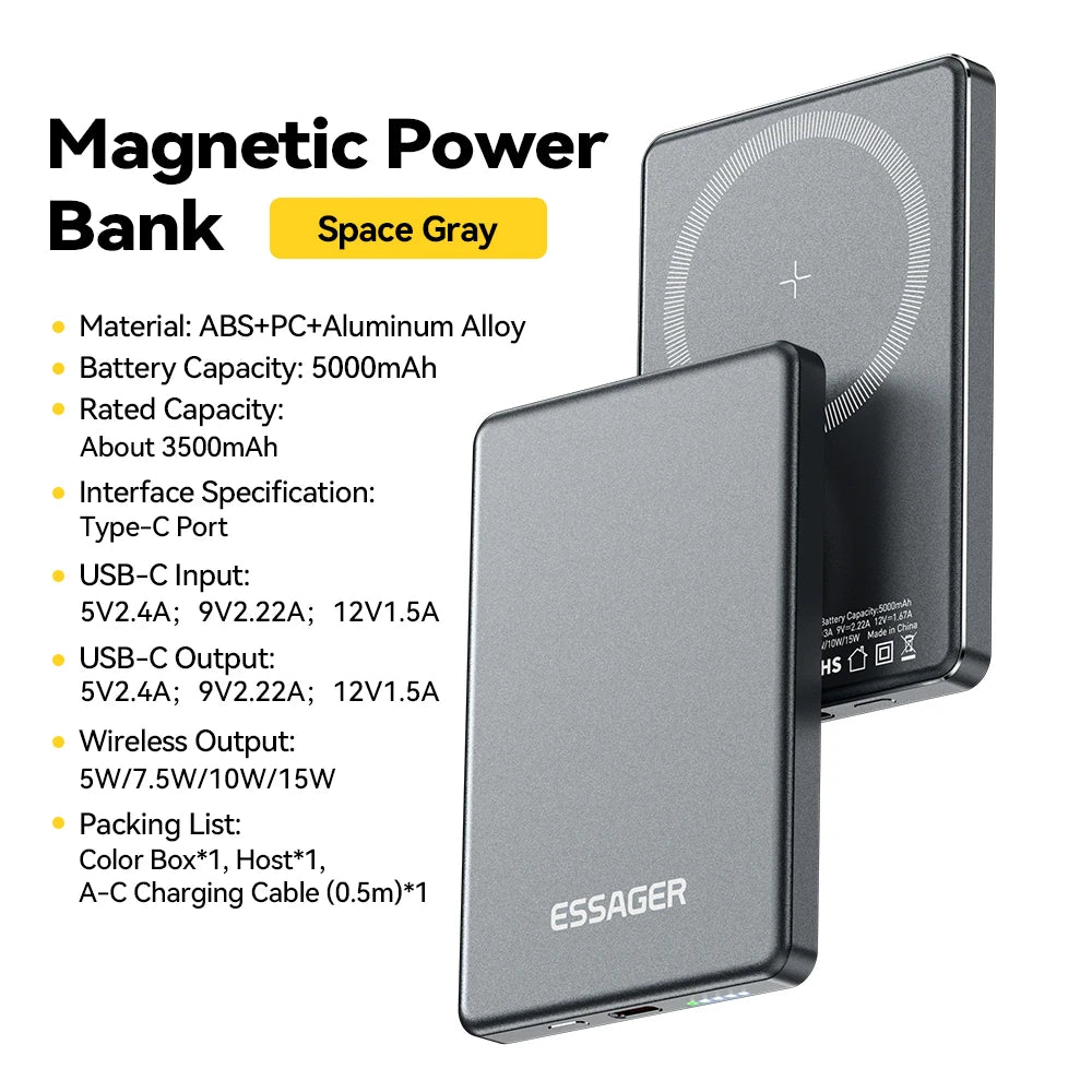 Essager 5000mAh Thin Magnetic Wireless Power Bank – Portable and Stylish Charging Solution