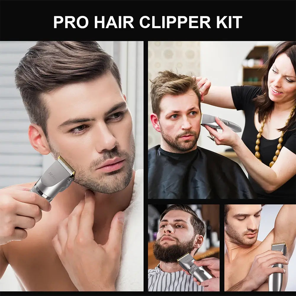 4 images of different men using the electric hair trimmer cordless clippers on their faces and armpit.